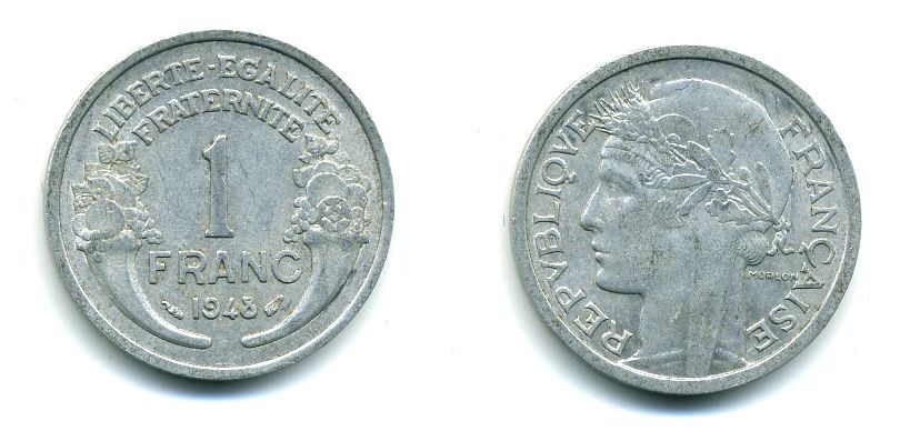 ФРАНЦИЯ 1 ФРАНК 1948 ТИП MORLON, LEGERE KM 885a.1, LE FRANC 221.13 алюминий 41-235