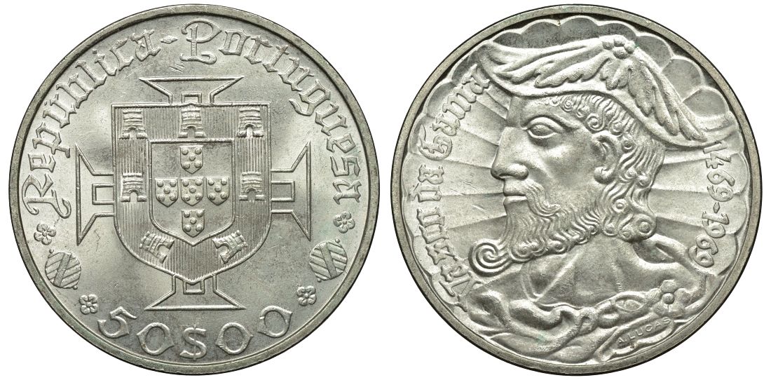 Португалия 50 эскудо 1969 500 лет со дня рождения Васко да Гама KM 598 серебро 00-00