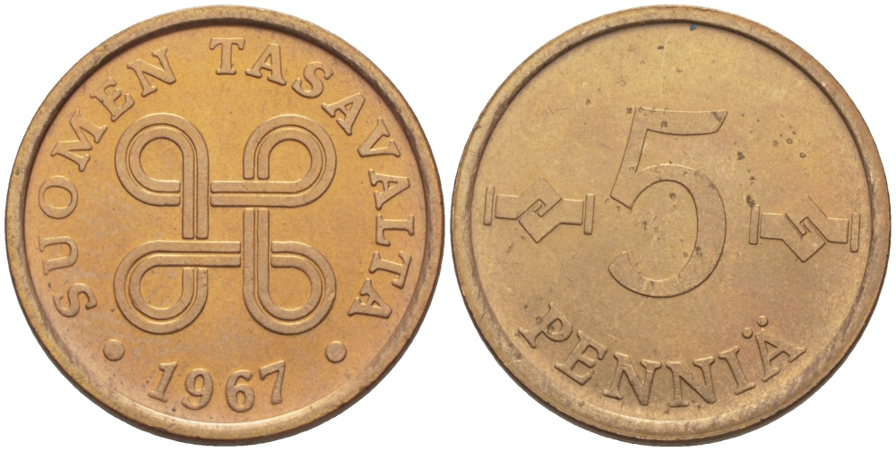 ФИНЛЯНДИЯ 5 ПЕННИ 1967 KM 45 медь 100-159