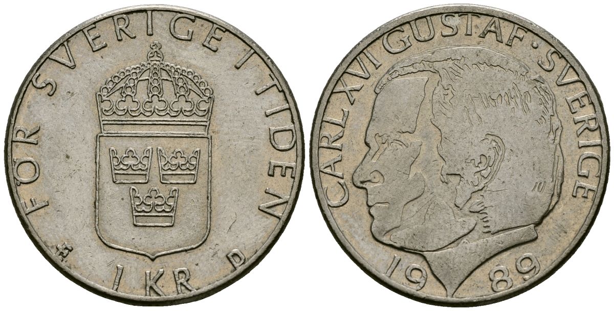 Швеция 1 крона 1989 Карл XVI Густав (1973- ) KM 852a медь плакированная медно-никелем 4176-611