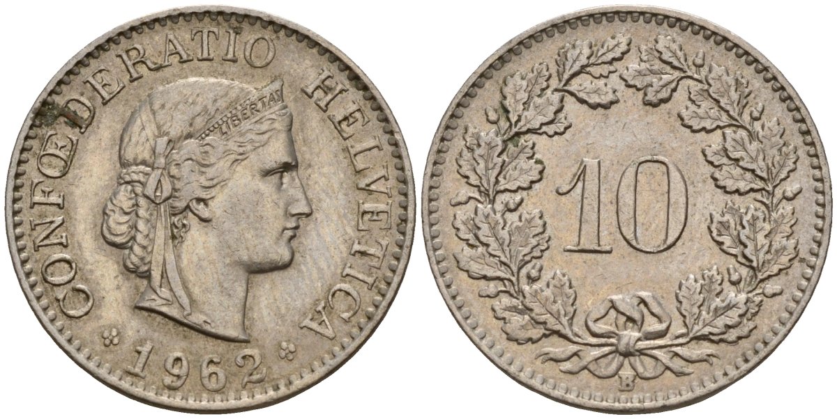 Швейцария 10 раппенов 1962 B KM 27 медно-никель 4189-364