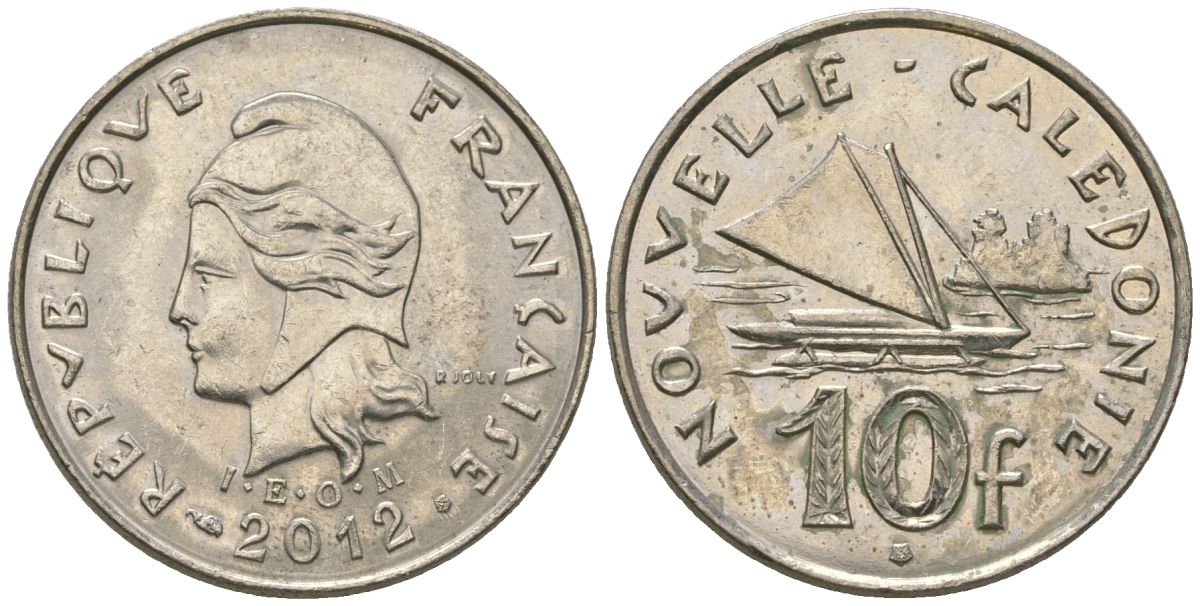 Французская Новая Каледония 10 франков 2012 рыбачья парусная лодка, (IEOM) KM 11a, Schoen 13a, Lec 99k медно-никель 65-655