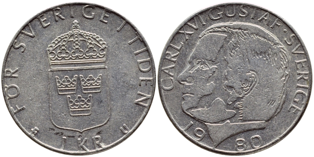 Швеция 1 крона 1980 Карл XVI Густав (1973- ) KM 852 медь плакированная медно-никелем 4397-943