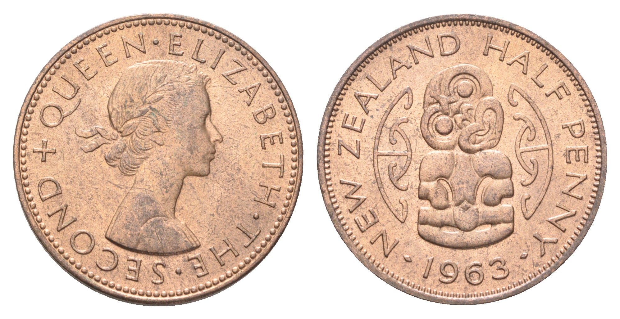 Новая Зеландия 1/2 пенни 1963 Елизавета II (1952-2022), божество Хей-Тики KM 23.2 бронза UNC M78-02