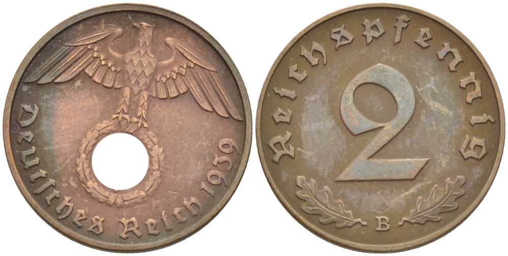 ГЕРМАНИЯ 2 РЕЙХСПФЕННИГА 1939 B KM 90, J. 362 бронза 261-1025