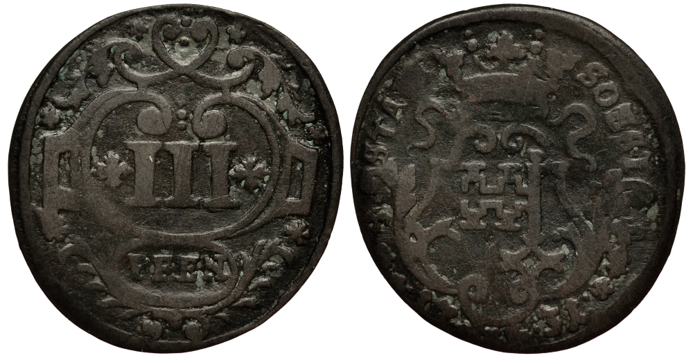 Соест 3 пфеннига 1731 KM 27 медь 413-2734