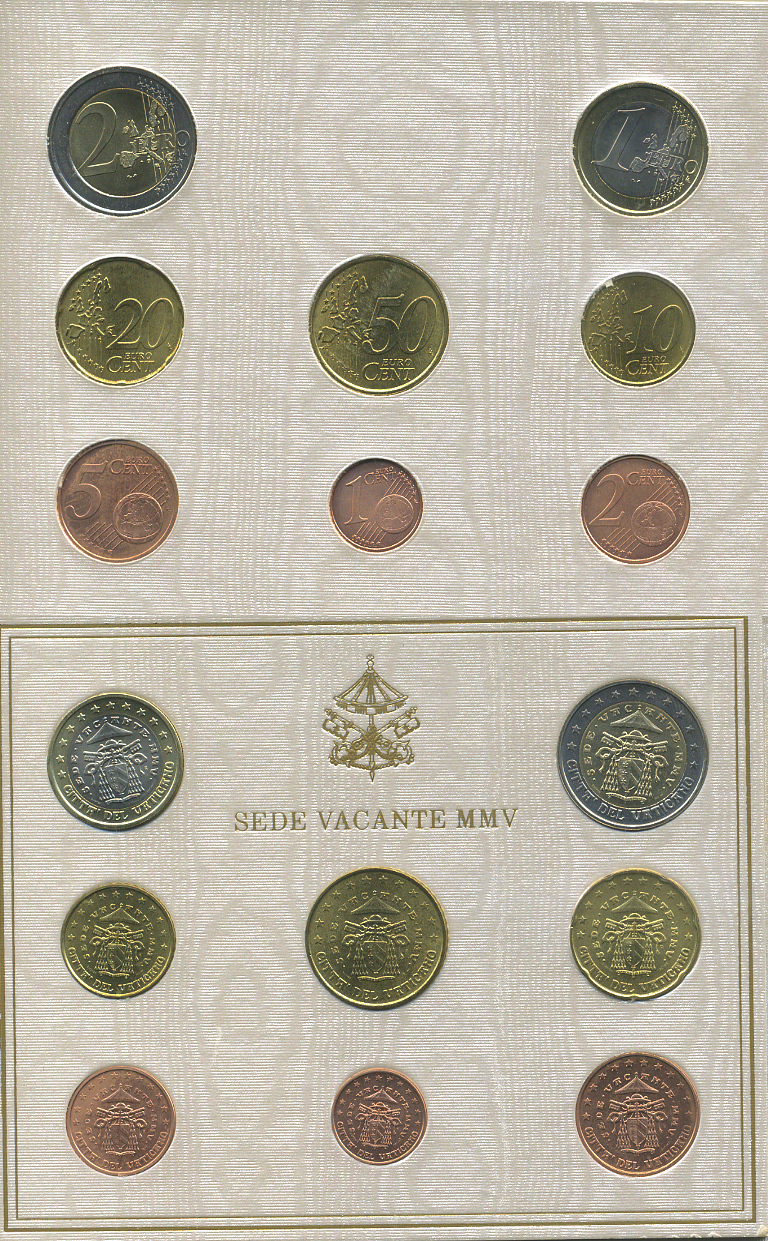 ВАТИКАН ЕВРОНАБОР ИЗ 8 МОНЕТ 2005 SEDE VACANTE, В ОРИГИНАЛЬНОМ БУКЛЕТЕ KM MS 112 биметалл UNC 7-5-48