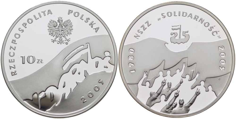 Польша 10 злотых 2005 MW, 25 лет независимому профсоюзу "Солидарность" KM 567 серебро PROOF 1074-8-61