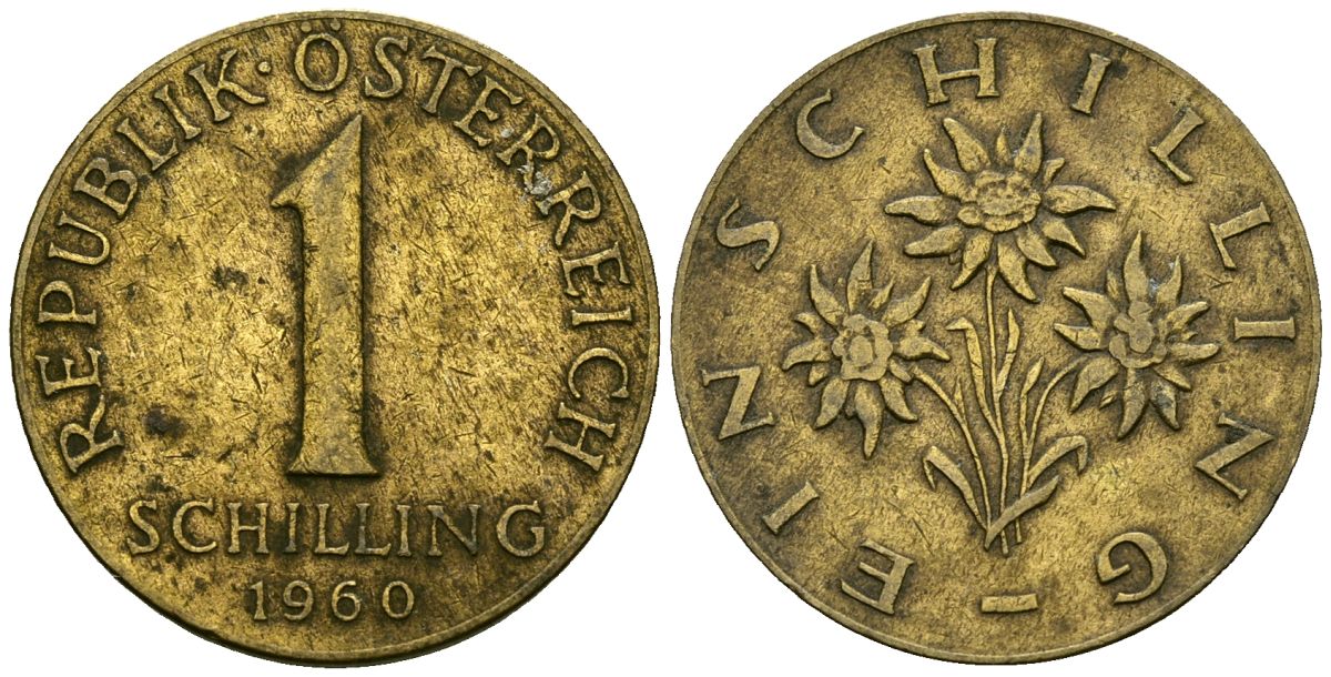 Австрия 1 шиллинг 1960 KM 2886 алюминиевая бронза 4135-152