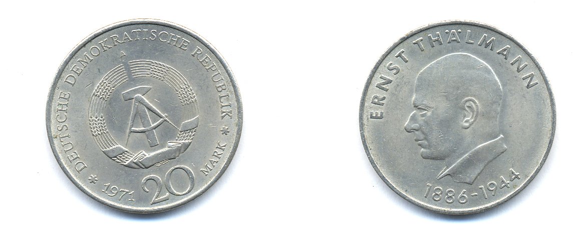 ГДР 20 марок 1971 A, 85 лет со дня рождения Эрнста Тельмана KM 34, J. 1535 медно-никель 3333-623