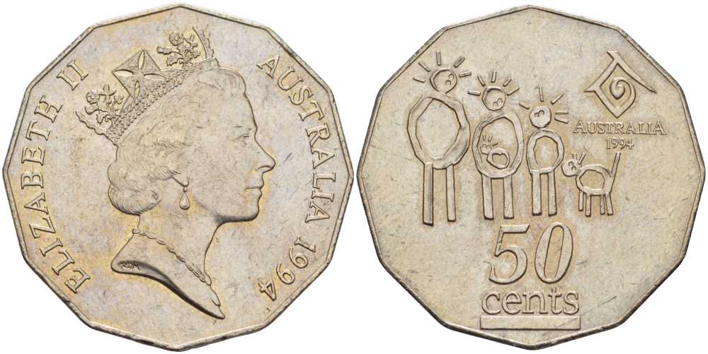 Австралия 50 центов 1994 Елизавета II (1952-2022), Международный год семьи KM 257 медно-никель UNC 107-213