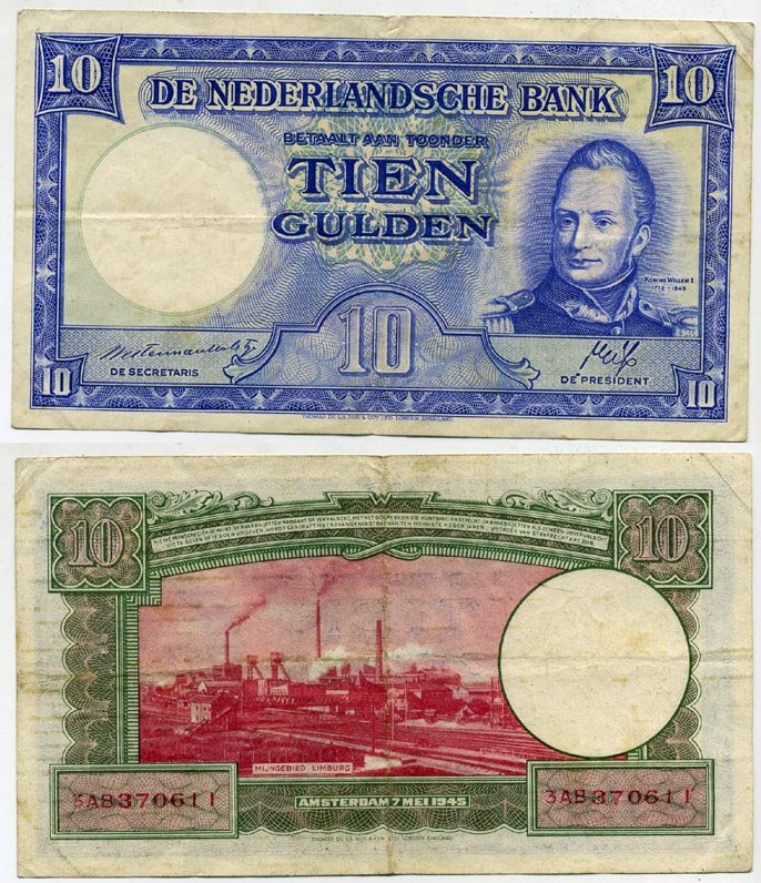 Нидерланды 10 гульденов 1945 Вильгельм I (1788-1843), неправильная дата Pick 75 a, Akkermans 35.1 a бумага 451-725-1