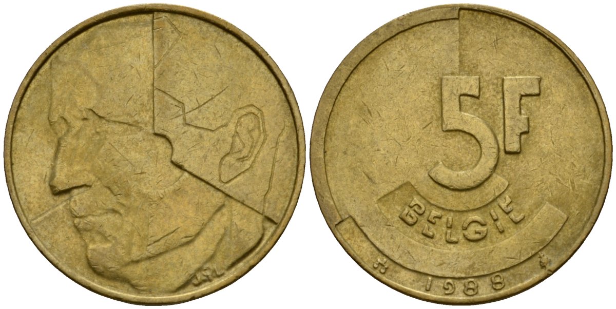 Бельгия 5 франков 1988 Belgie, Бодуэн I (1951-1993) KM 164 алюминиевая бронза 4601-317