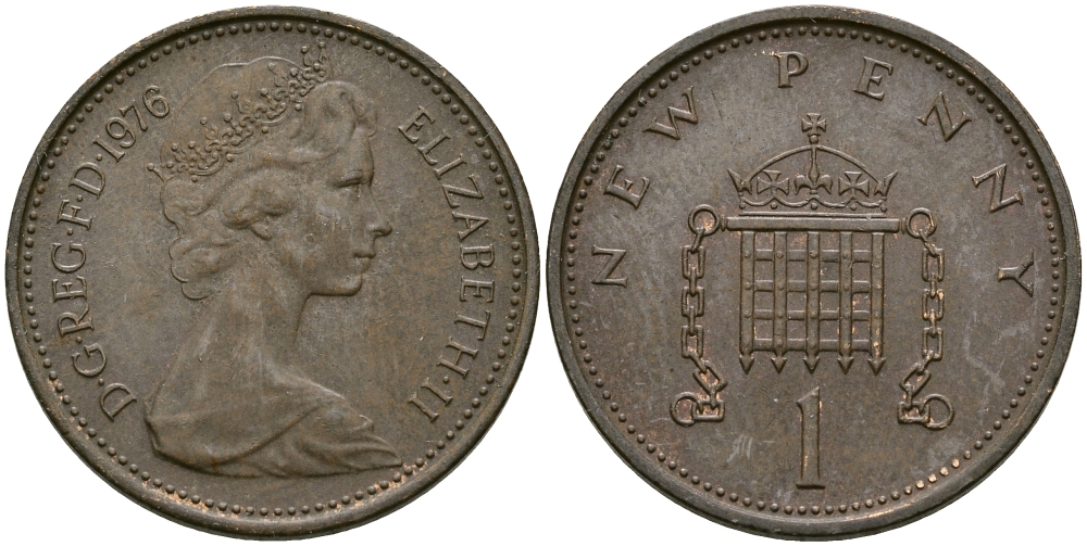 Великобритания 1 пенни 1976 Елизавета II (1952-2022) KM 915, Spink 4237 (B1) бронза 176-627