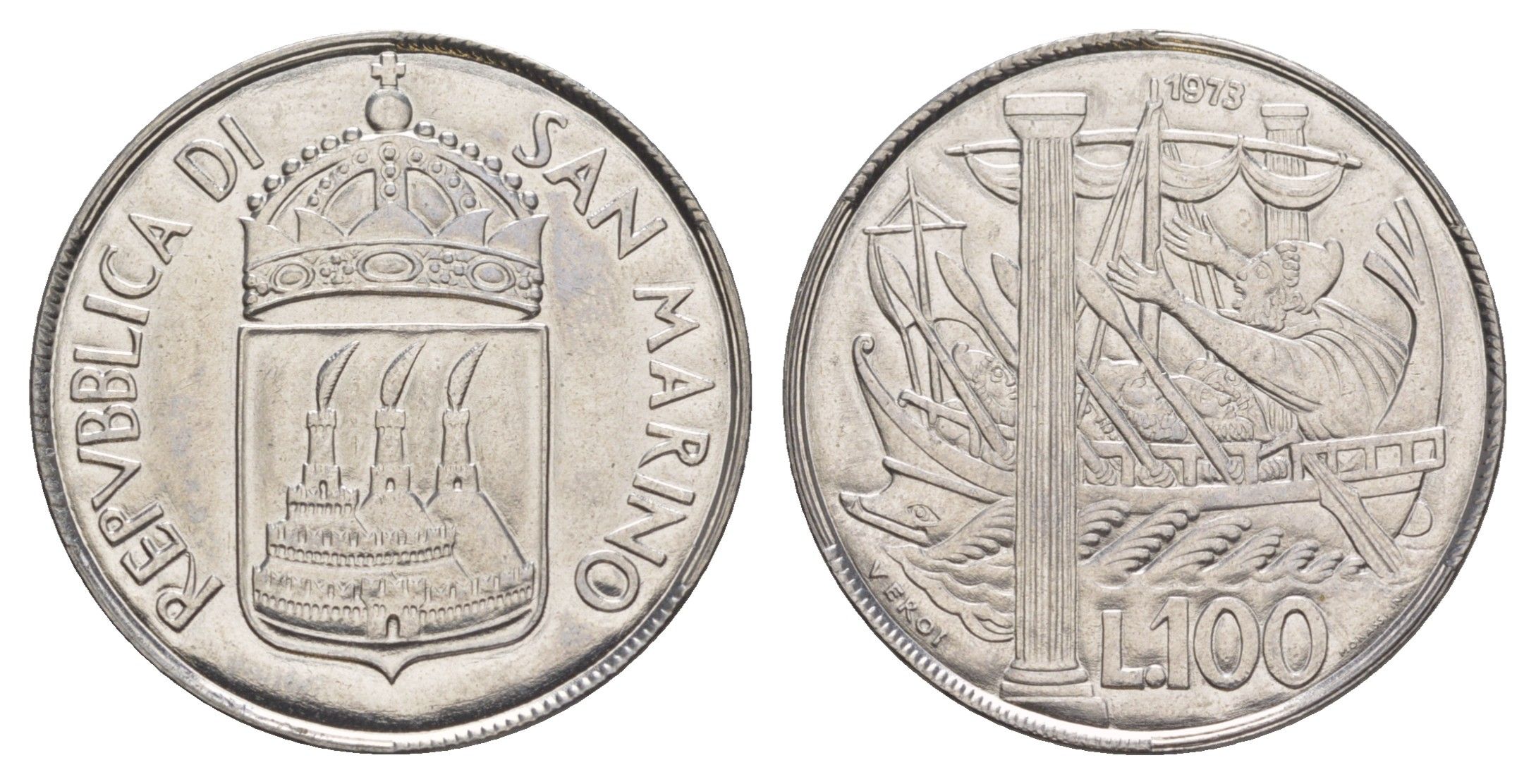 Сан-Марино 100 лир 1973 KM 28 нержавеющая сталь UNC 4648-232