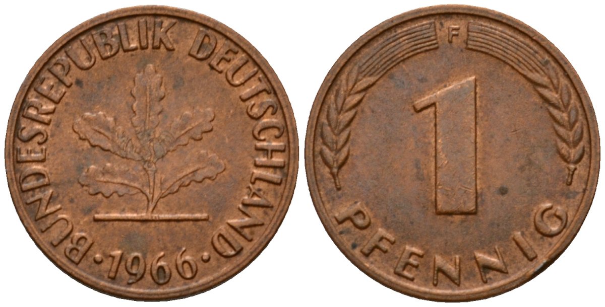 ФРГ 1 пфенниг 1966 F KM 105, J.380 сталь плакированная медью 4602-755