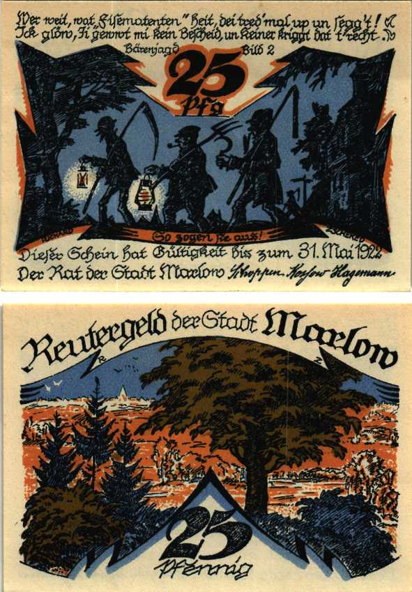 МАРЛОВ 25 ПФЕННИГОВ 1922 НОТГЕЛЬД, 31 МАЯ 1922, ЗЕМЛЯ МЕКЛЕНБУРГ ПЕРЕДНЯЯ ПОМЕРАНИЯ Grabowski 872.1 бумага 6318-40-2-1