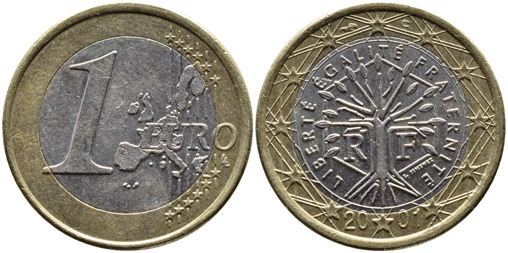 ФРАНЦИЯ 1 ЕВРО 2001 KM 1288 биметалл 4390-1256