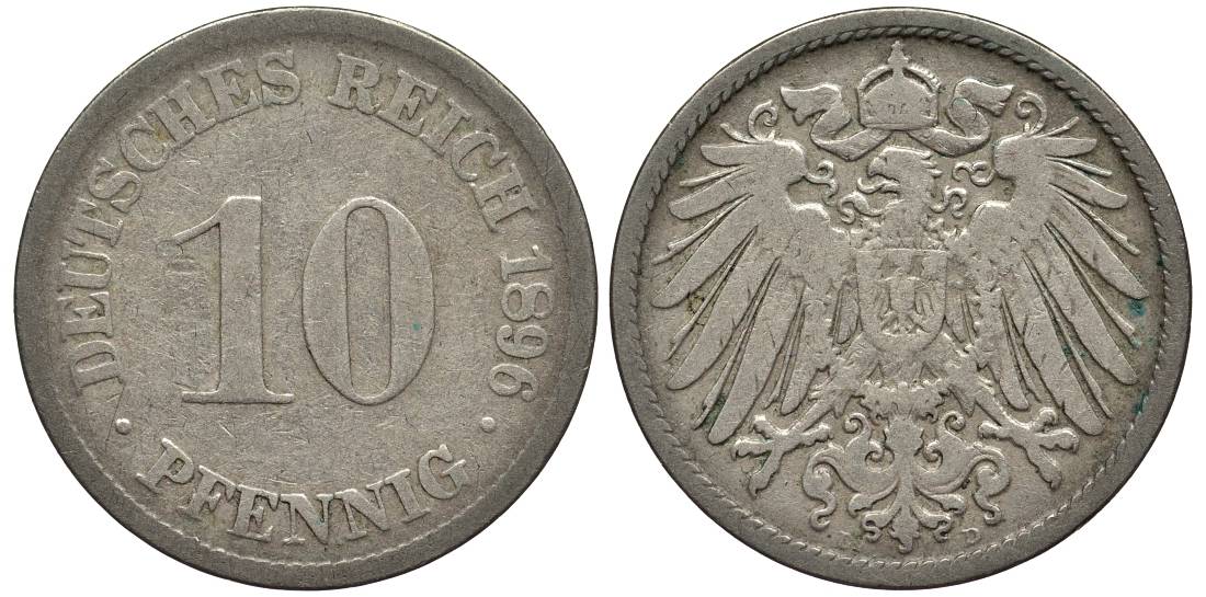 ГЕРМАНИЯ 10 ПФЕННИГОВ 1896 D KM 12, Jager 13, Weege 8 медно-никель 4538-135