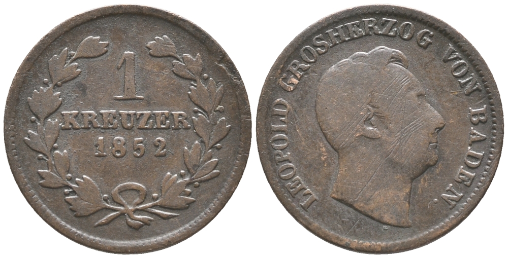 Баден 1 крейцер 1852 Леопольд I (1830-1852) KM 218.2 медь 100-955