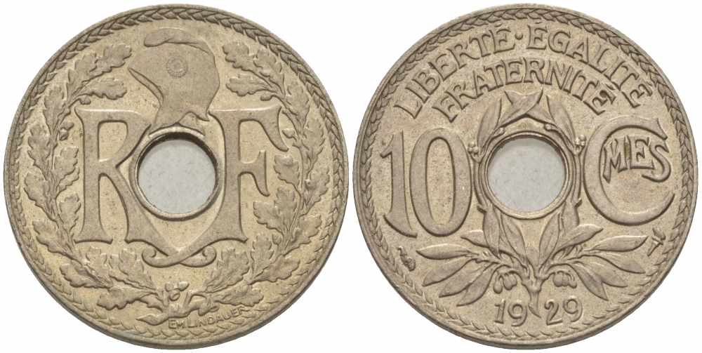 ФРАНЦИЯ 10 САНТИМОВ 1929 ТИП ЛИНДАЙЁ KM 866а, LE FRANC 138.16 медно-никель 108-212