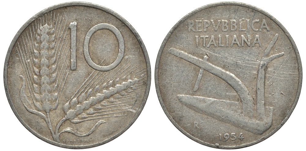 ИТАЛИЯ 10 ЛИР 1954 R, КОЛОСЬЯ, ПЛУГ KM 93 алюминий G 4182-521