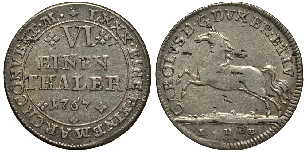 Брауншвейг-Вольфенбюттель 1/6 талера 1767 IDB, вес 5,12 гр. KM 971 серебро 413-1321