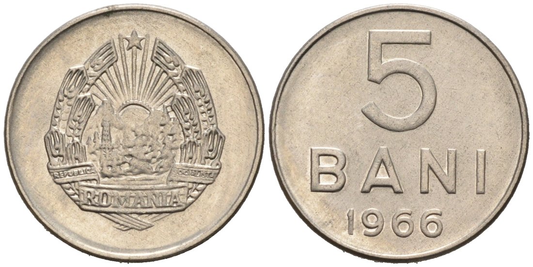 Румыния 5 бани 1966 год тип KM 92 сталь плакированная никелем 4564-641