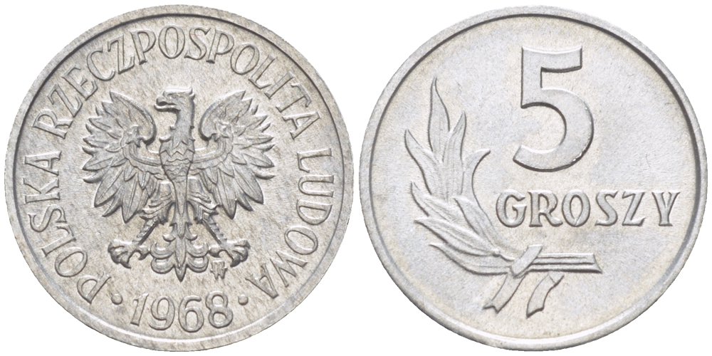 ПОЛЬША 5 ГРОШЕЙ 1968 РЕДКИЙ ГОД KM A46, Parchimowicz 204i алюминий UNC 4181-1151