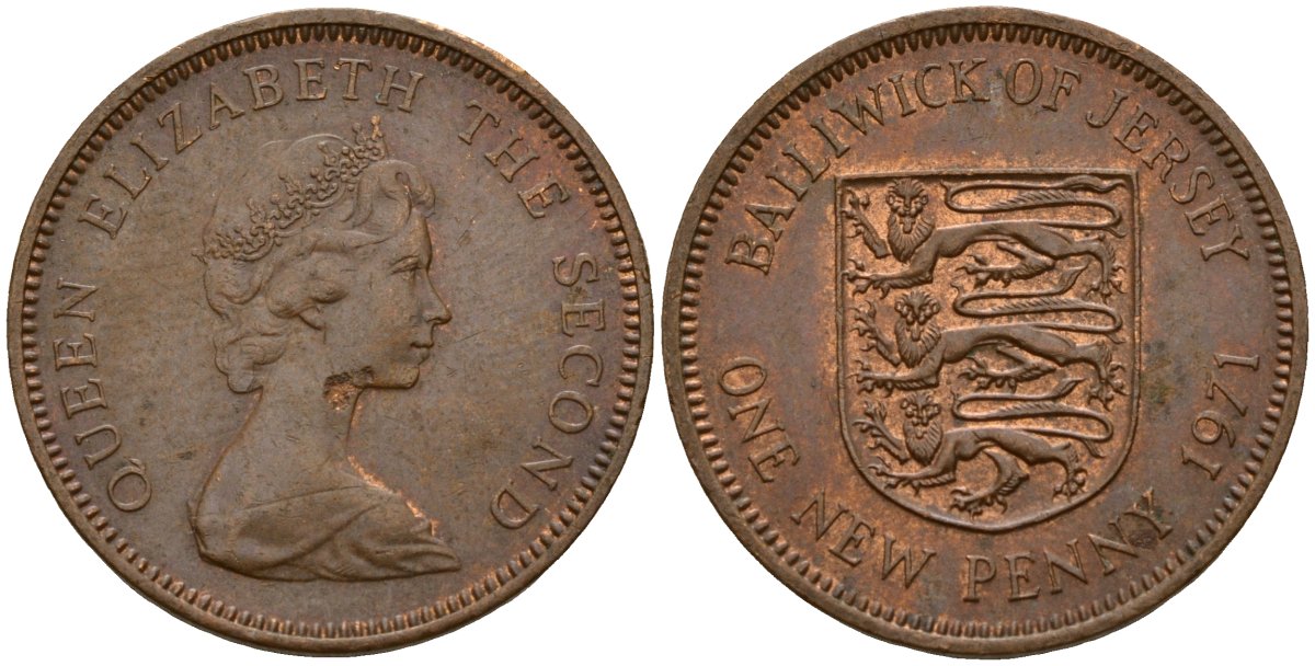 Джерси 1 новый пенни 1971 Елизавета II (1952-2022), герб KM 30 бронза 4156-957