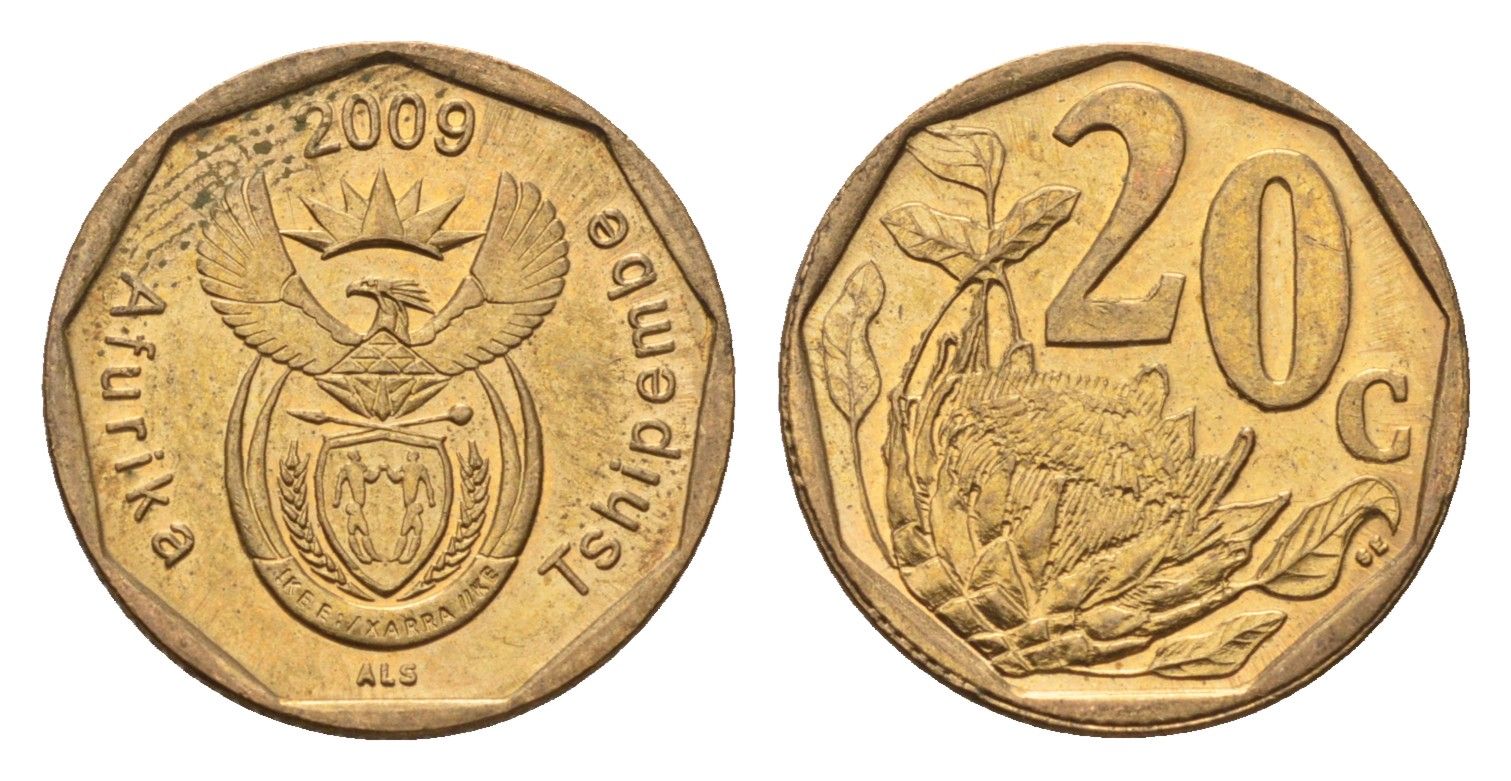 ЮАР 20 центов 2009 герб, цветок протея KM 466 сталь плакированная бронзой UNC 4687-636