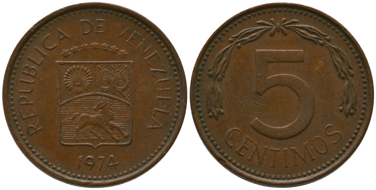 Венесуэла 5 сентимо 1974 KM 49 сталь плакированная бронзой 4576-646