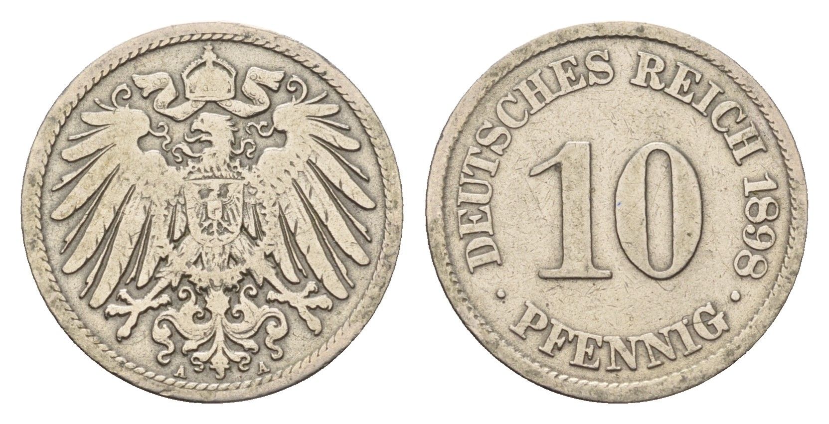 Германия 10 пфеннигов 1898 A, Вильгельм II (1888-1918) KM 12, J. 13 медно-никель 4636-752