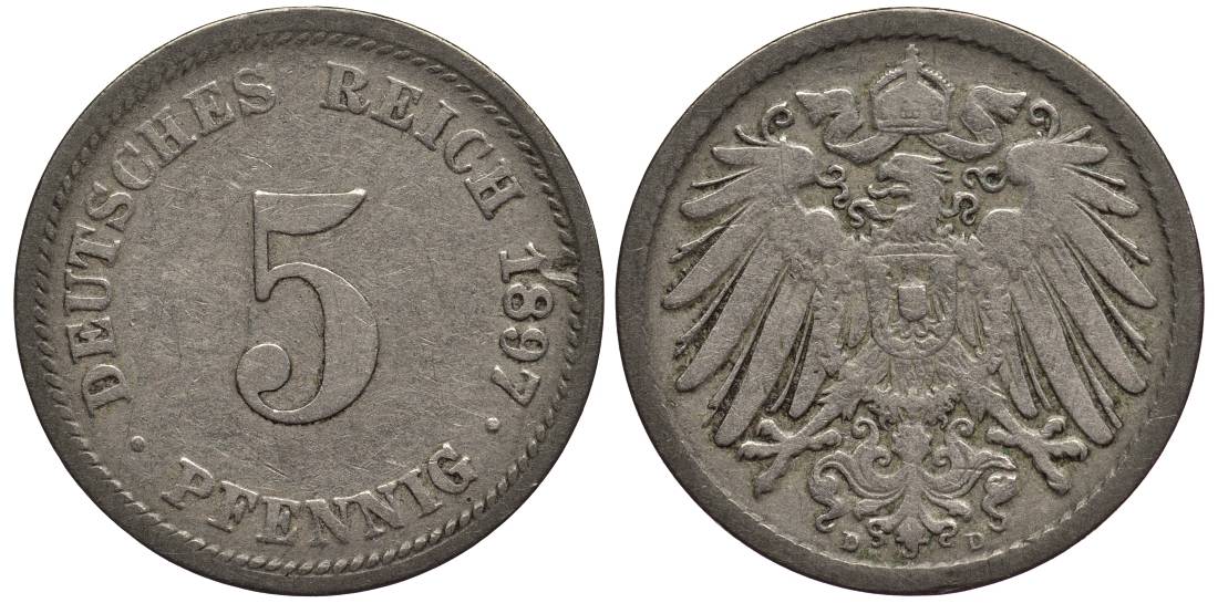 ГЕРМАНИЯ 5 ПФЕННИГОВ 1897 D KM 11, Jager 12, Weege 6 медно-никель 4547-353