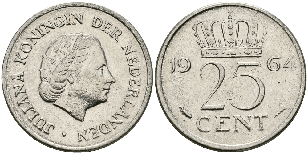 НИДЕРЛАНДЫ 25 ЦЕНТОВ 1964 ЮЛИАНА KM 183 никель 96-157