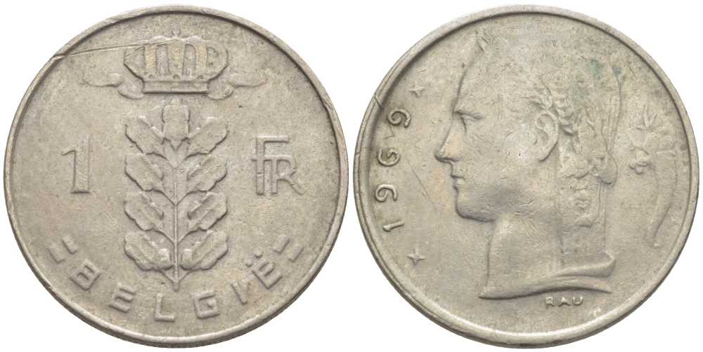 БЕЛЬГИЯ 1 ФРАНК 1969 BELGIE, БОДУЭН I (1951-1993) KM 143.1 медно-никель 119-616