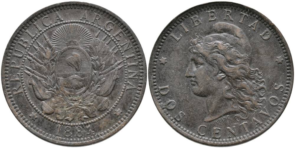 Аргентина 2 сентаво 1884 голова свободы влево KM 8 бронза 4531-523