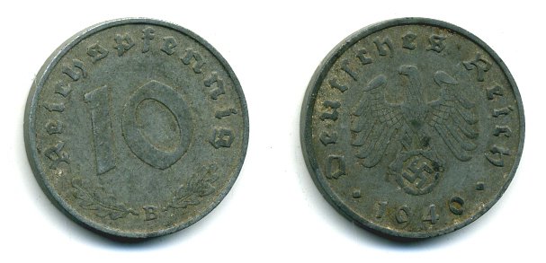 ГЕРМАНИЯ 10 РЕЙХСПФЕННИГОВ 1940 B, KM 101, J. 371 цинк 46-1763