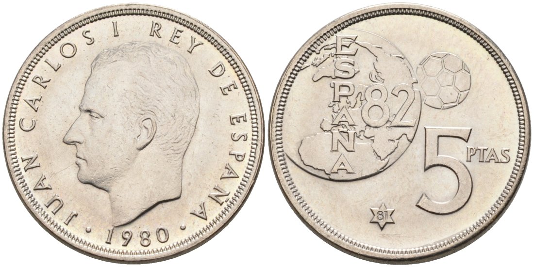 Испания 5 песет 1980(81) чемпионат мира по футболу 82, Хуан Карлос I (1975-2001) KM 817 медно-никель 4571-1146