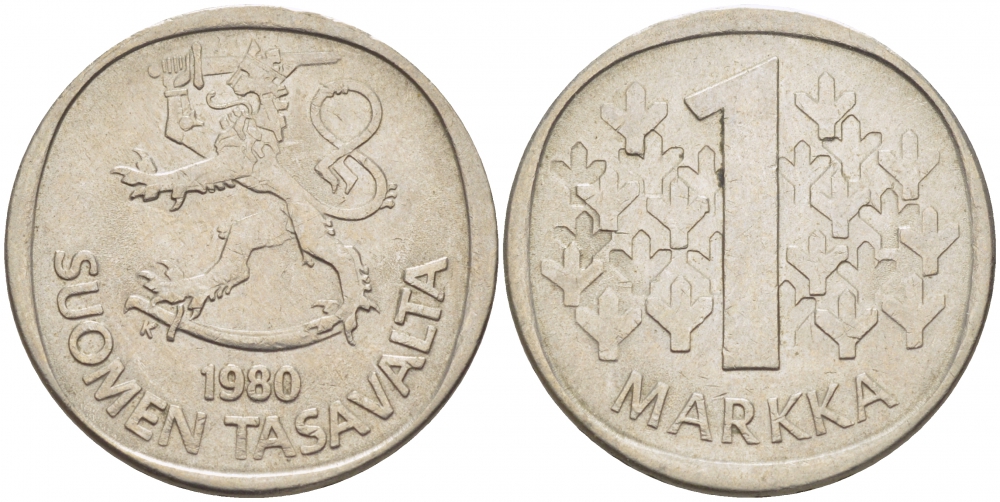 ФИНЛЯНДИЯ 1 МАРКА 1980 K KM 49а медно-никель UNC 3718-817