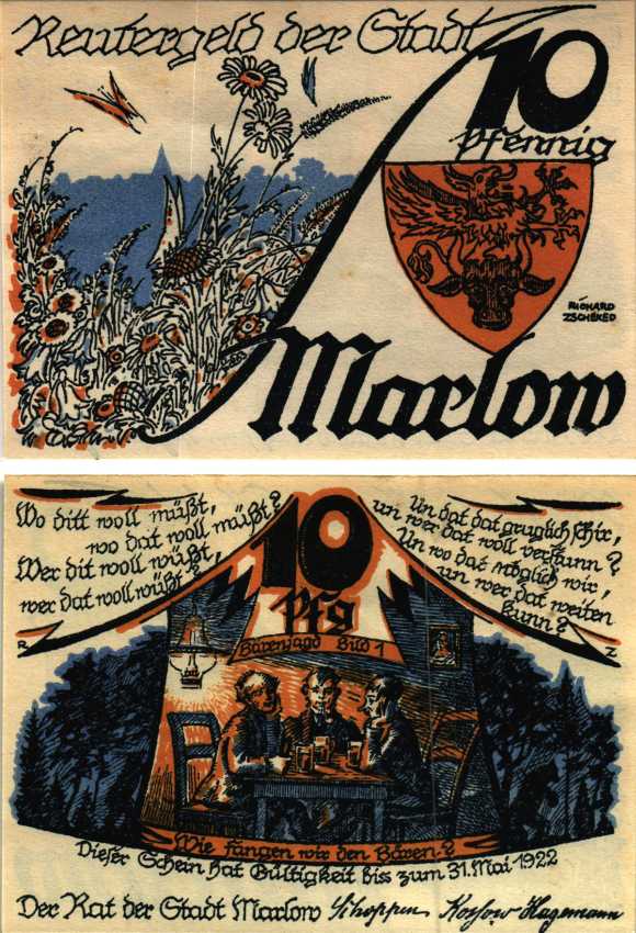 МАРЛОВ 10 ПФЕННИГОВ 1922 НОТГЕЛЬД, 1922 - 31 МАЯ 1922, ЗЕМЛЯ МЕКЛЕНБУРГ ПЕРЕДНЯЯ ПОМЕРАНИЯ Grabowski 872.1 бумага 7547-97-2-1