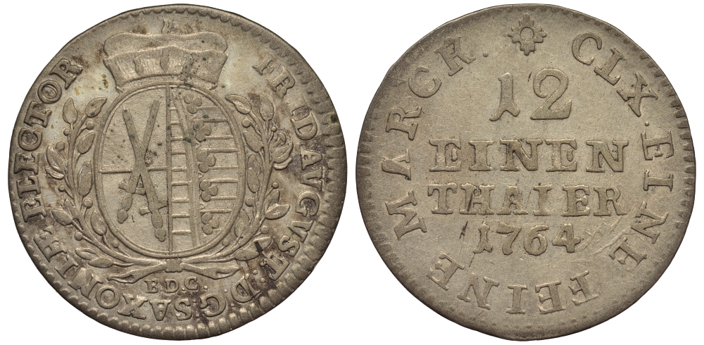 Саксония, Альбертинская линия 1/12 талера 1764 E.D.C. Фридрих Август III (1763-1806), из коллекции Gerhart Rother KM 956 (C 100), Buck 103, Slg. Merseburger 2009 серебро 413-6345