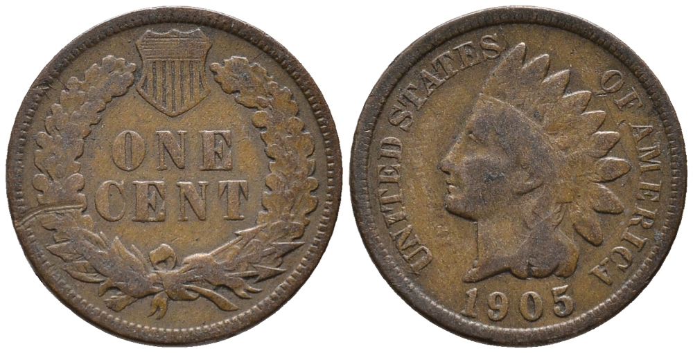 США 1 ЦЕНТ 1905 ГОЛОВА ИНДЕЙЦА KM 90а бронза 66-167