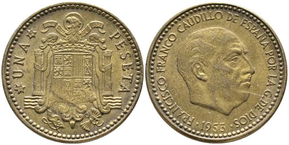 ИСПАНИЯ 1 ПЕСЕТА 1953 (62) ФРАНСИСКО ФРАНКО ДИКТАТОР ИСПАНИИ (1939-1975) KM 775 алюминиевая бронза 110-1123