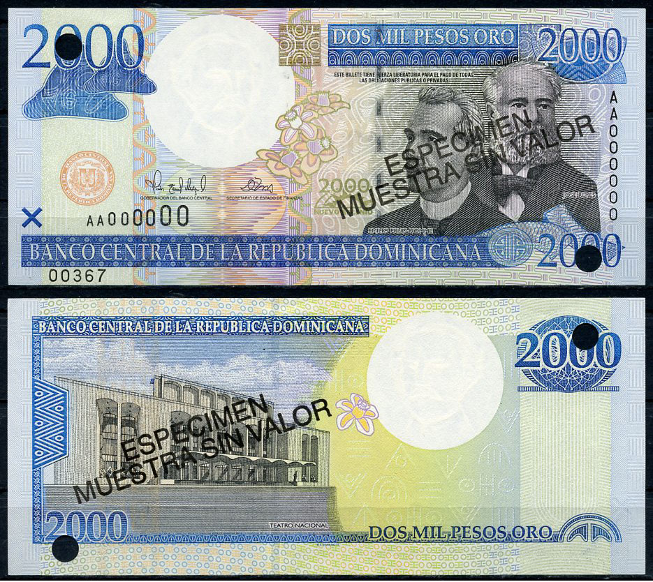 Доминиканская Республика 2000 песо 2000 Эмилио Прудомме, Хосе Рейес, национальный театр, "Образец". С диагональной надпечаткой слова "Especimen" и перфорационными отверстиями Pick 164 a s  бумага  UNC (пресс) 451-720-3