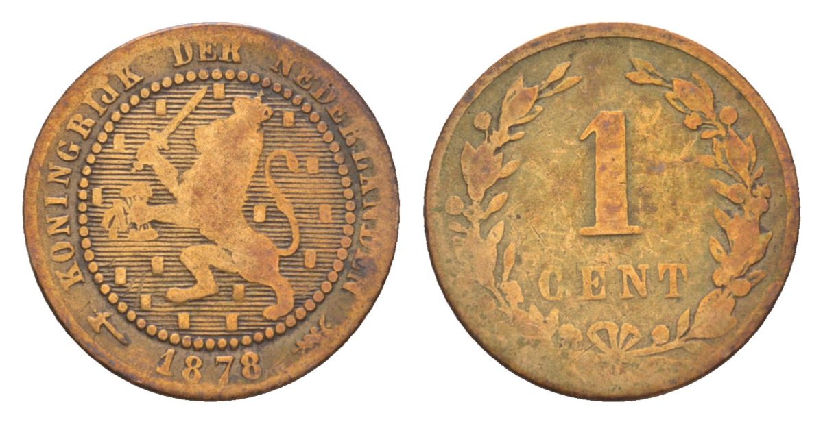 Нидерланды 1 цент 1878 Виллем III (1849-1890) KM 107 бронза 53-167