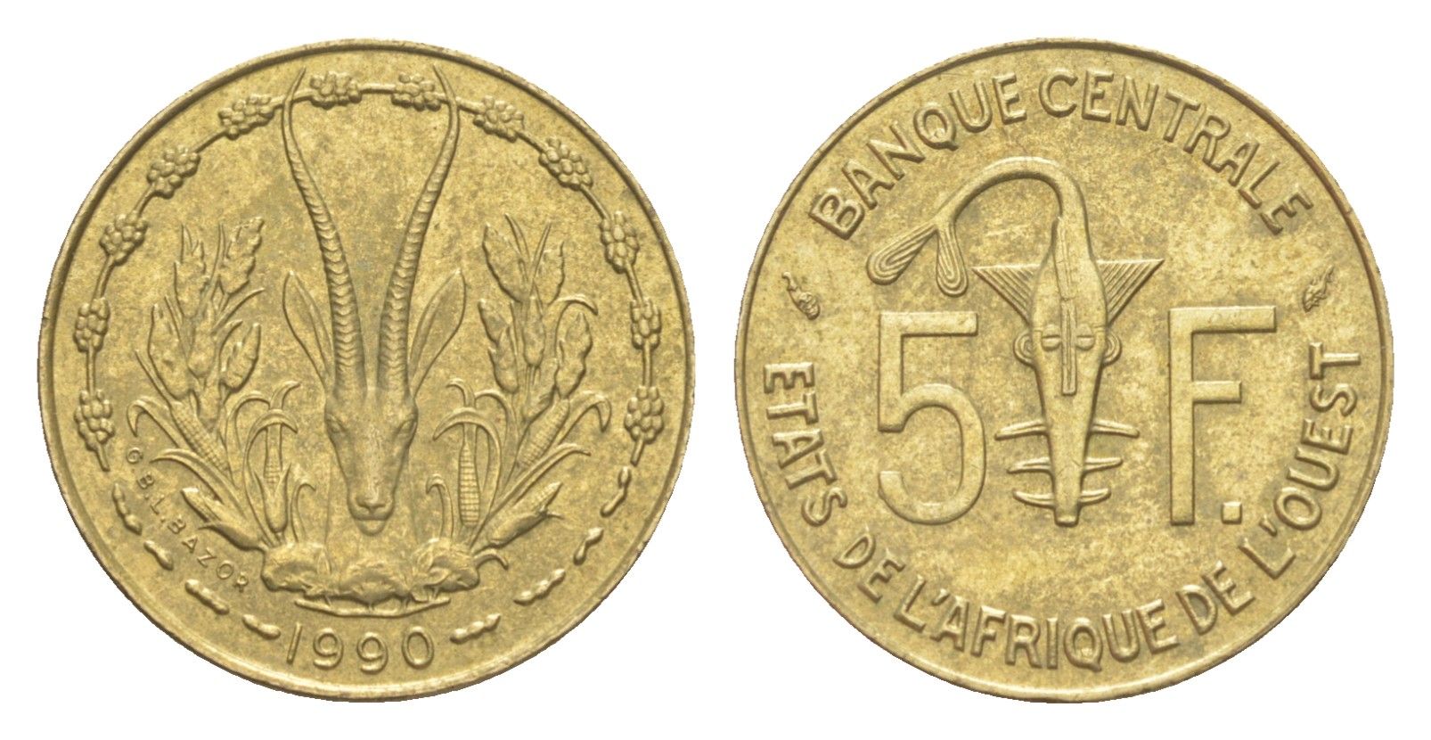 Западная Африка (BCEAO) 5 франков 1990 KM 2a медь алюминий никель UNC 4651-868