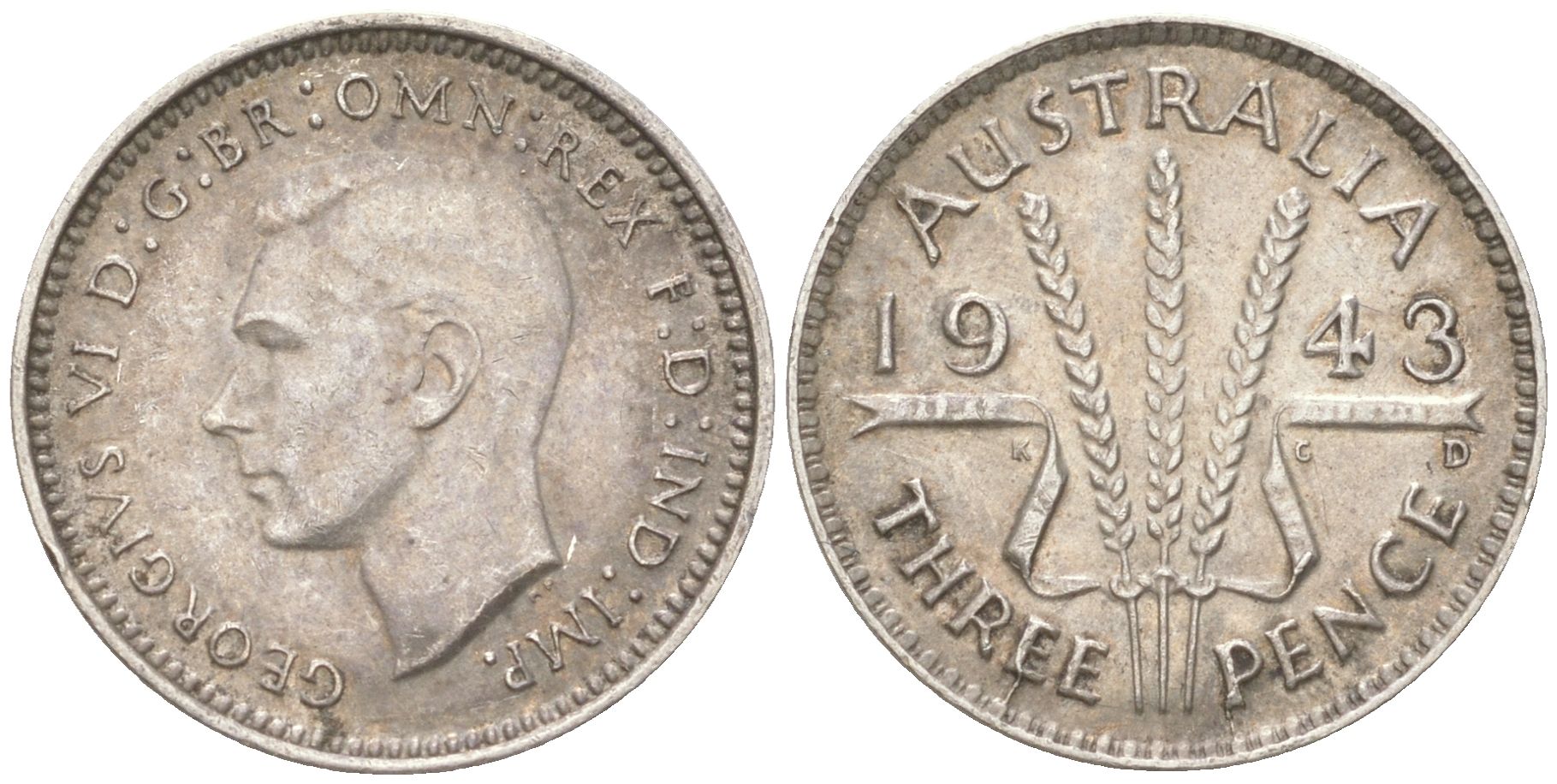 Австралия 3 пенса 1943 D, Георг V (1936-1952) KM 37 серебро 4621-1154