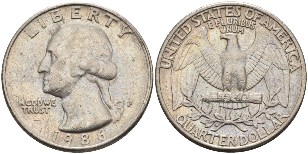 США 25 центов = квотер 1986 P, Вашингтон KM A164a медь плакированная медно-никелем 4584-1234