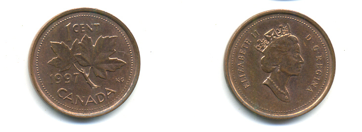 КАНАДА 1 ЦЕНТ 1997 КЛЕНОВЫЙ ЛИСТ KM 289 сталь плакированная медью 177-1441